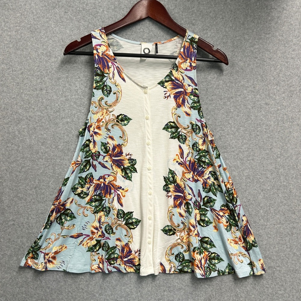 Akemi + Kin Anthropologie Tank Top Blue Floral Button Front Tropical Size Small